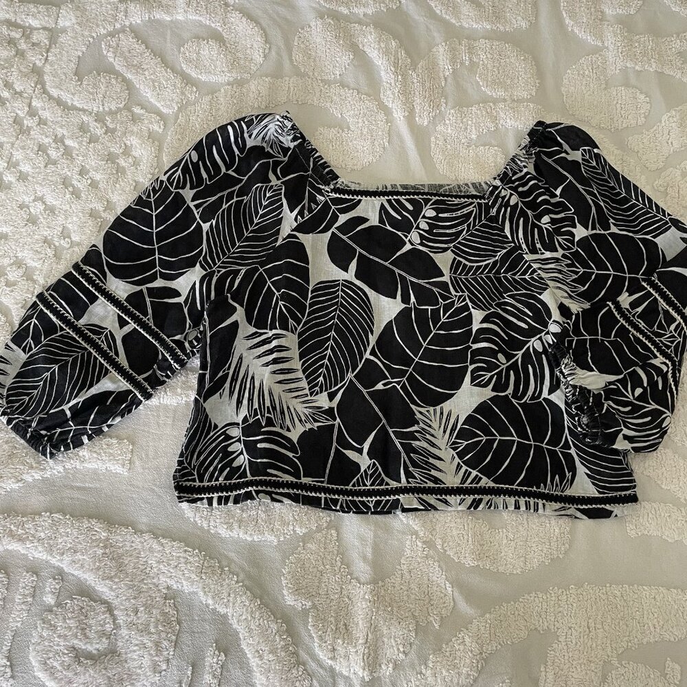 Cynthia Rowley Linen Cropped Top Shirt Size L White Black Tropical Beach Coastal